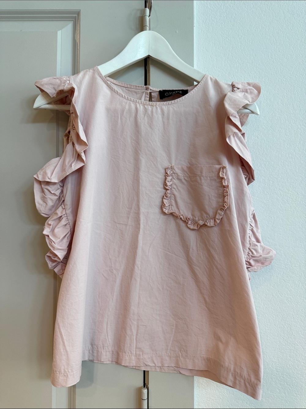 Chinto Pale Pink Ruffle Sleeve Cotton Top Size Small - Made In Italy 🇮🇹